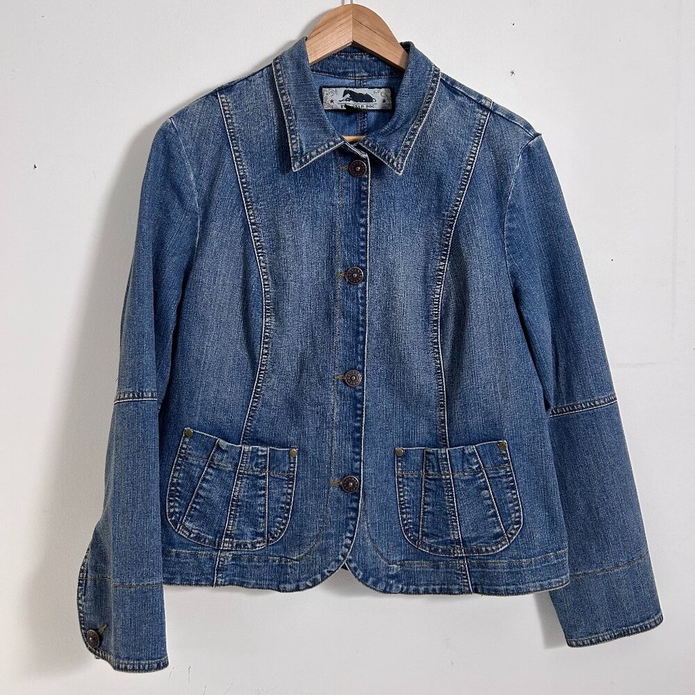 Vintage Womens Jean Jacket Two Star Dog Large Blue Structured Classic Denim